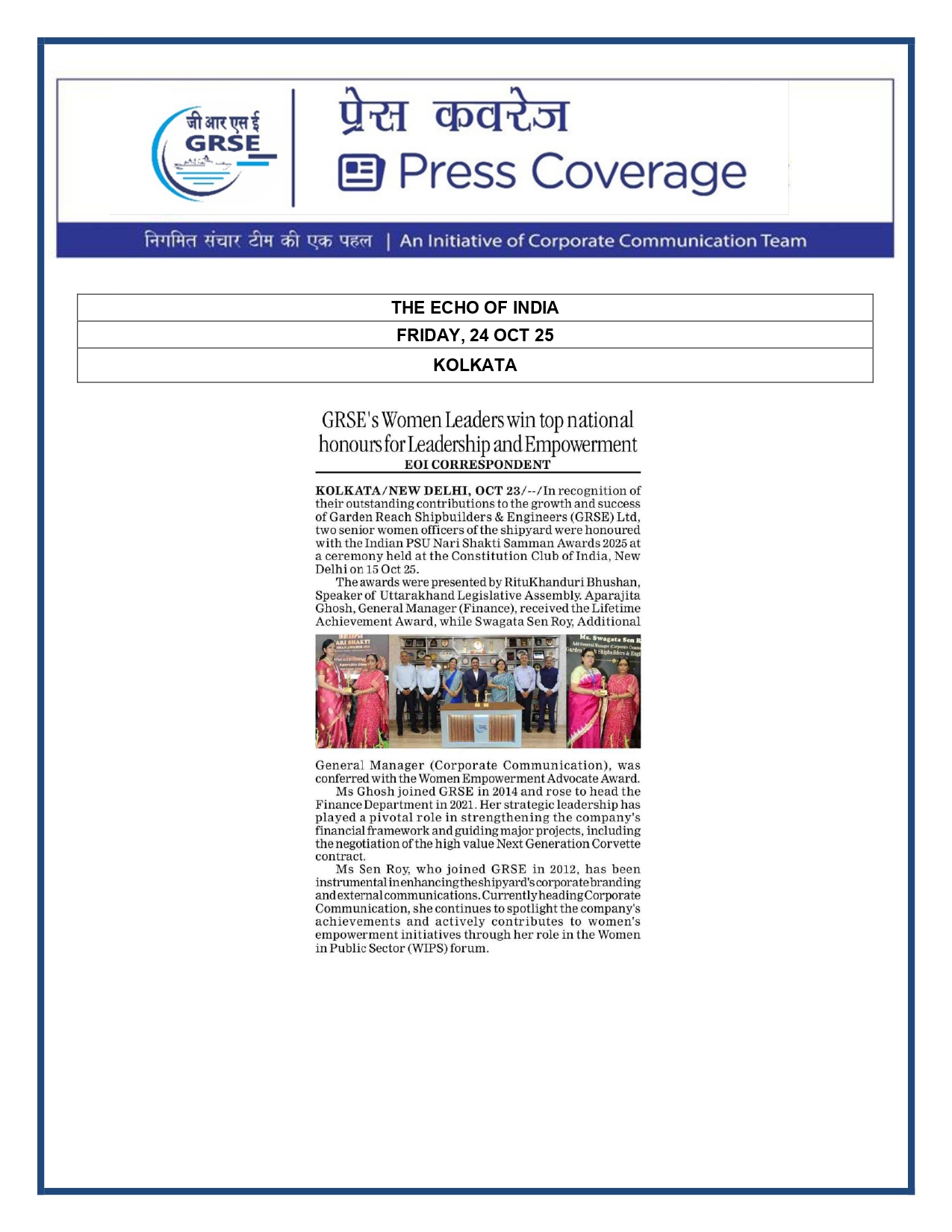   Press Coverage: 24 Oct 25:THE ECHO OF INDIA  